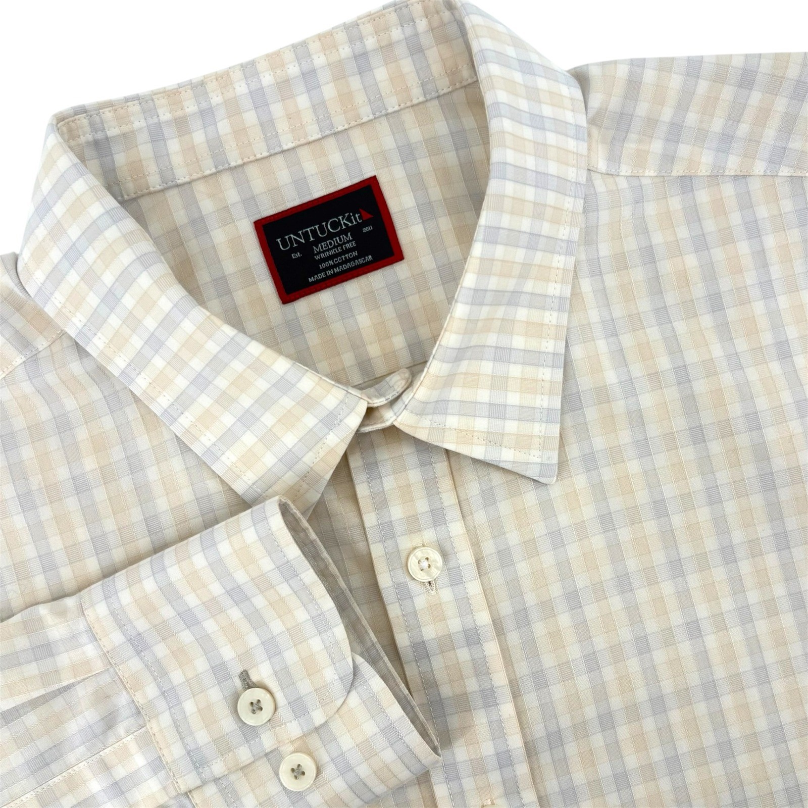 UNTUCKit Mens Medium Durif WF Tan Gingham Check Wrinkle Free Button Down Shirt