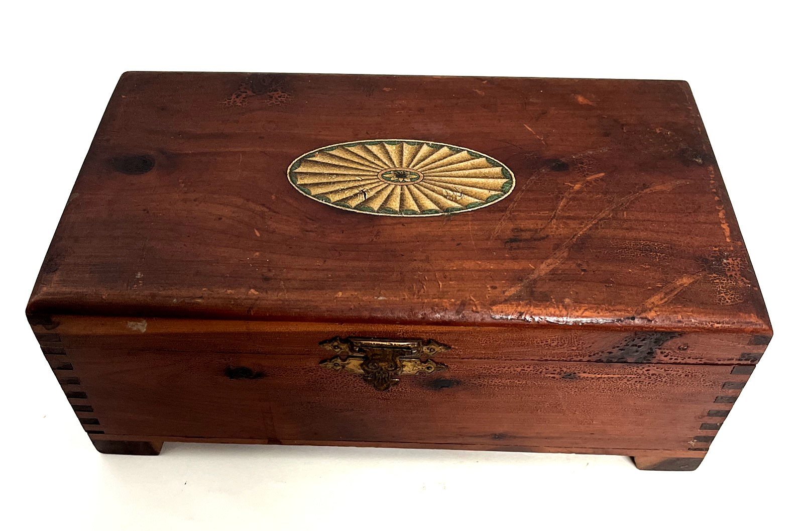 Document Box Mahogany Handcut Dovetail Sunburst Decal Brass Hinge Latch Antq Vtg Document Box Mahogany Handcut Dovetail Sunburst Decal Brass Hinge Latch Antq Vtg