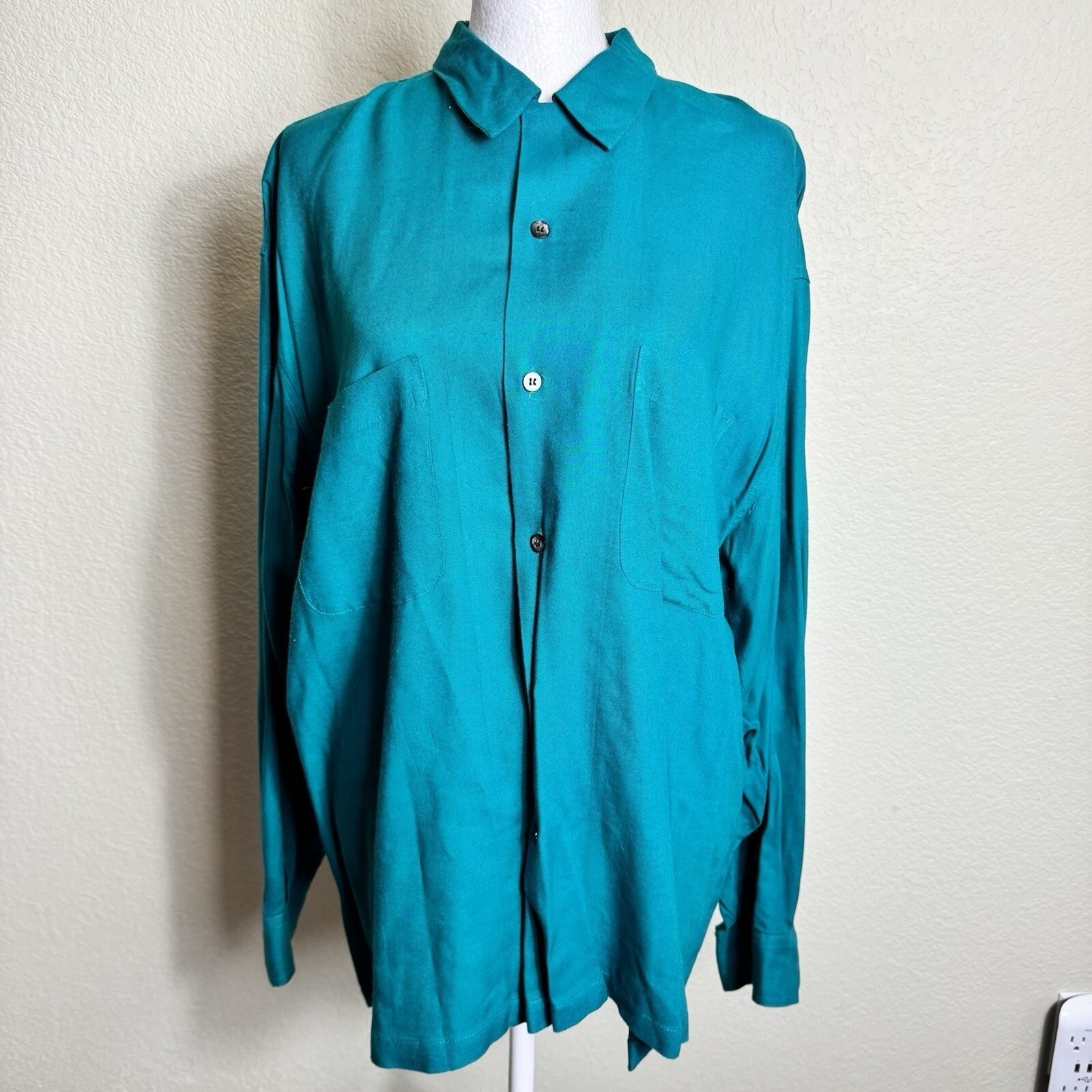 Arleen Bowman Chin Chin Womens S Teal Green Rayon Button Down Long Sleeve Blouse