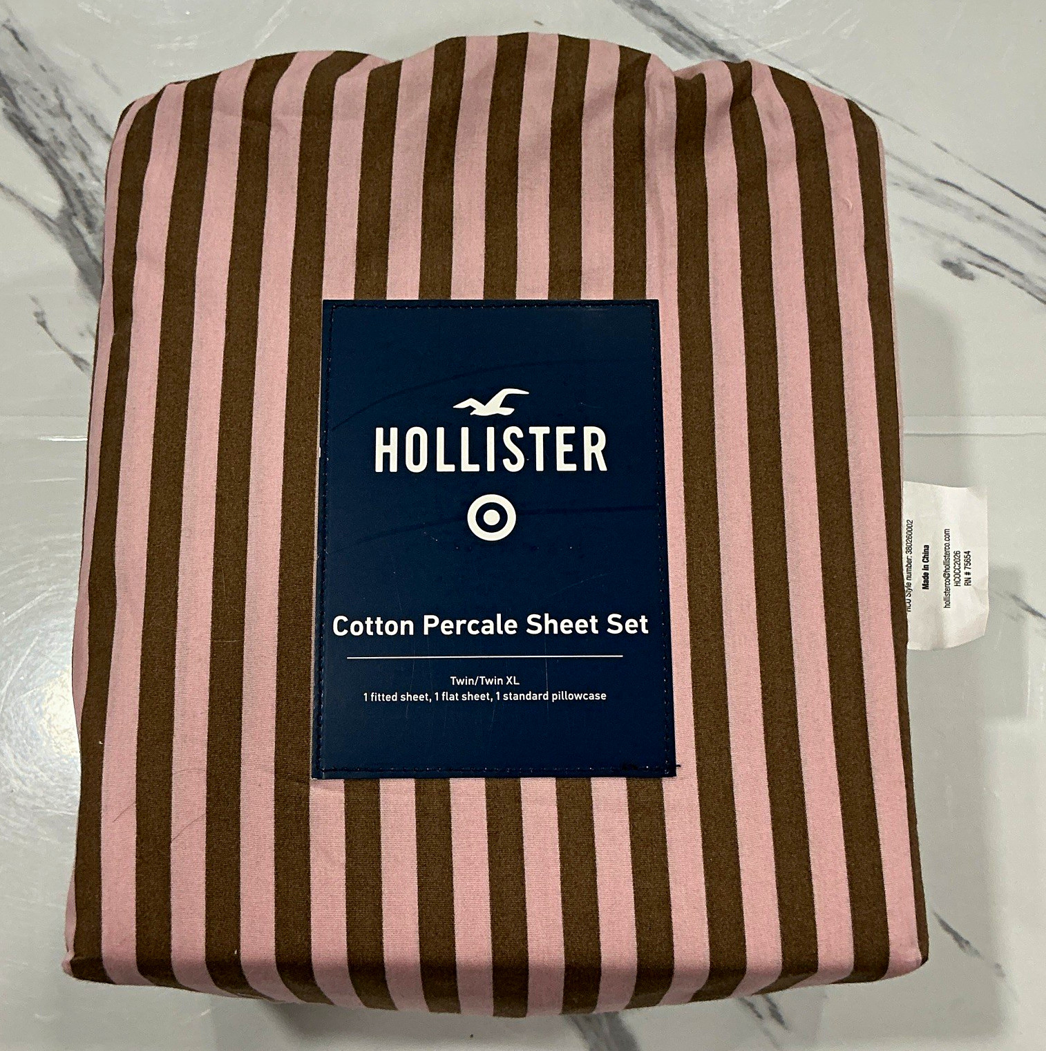 Hollister 100% Cotton Percale Striped Sheet Set Twin/Twin XL Pink/Brown