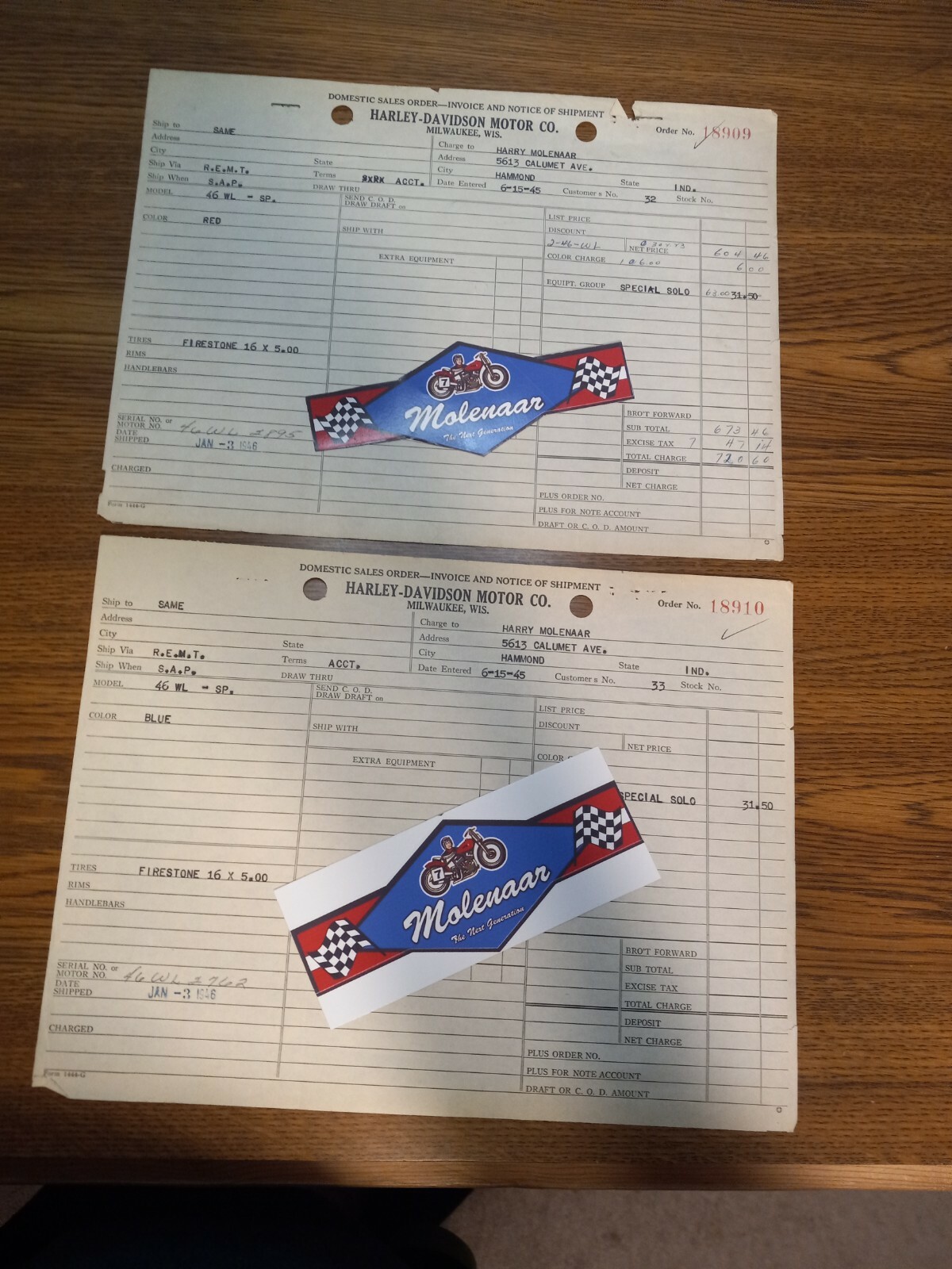 LOT (2) 1946 WL FLATHEAD HARLEY DAVIDSON DOMESTIC SALES ORDERS, molenaar LOT (2) 1946 WL FLATHEAD HARLEY DAVIDSON DOMESTIC SALES ORDERS, molenaar