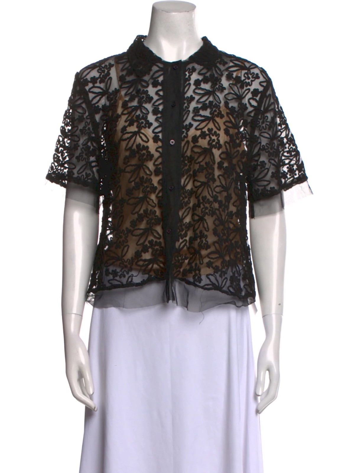 The GREAT Lace Pattern Short Sleeve Blouse Button up Collar Black Size S