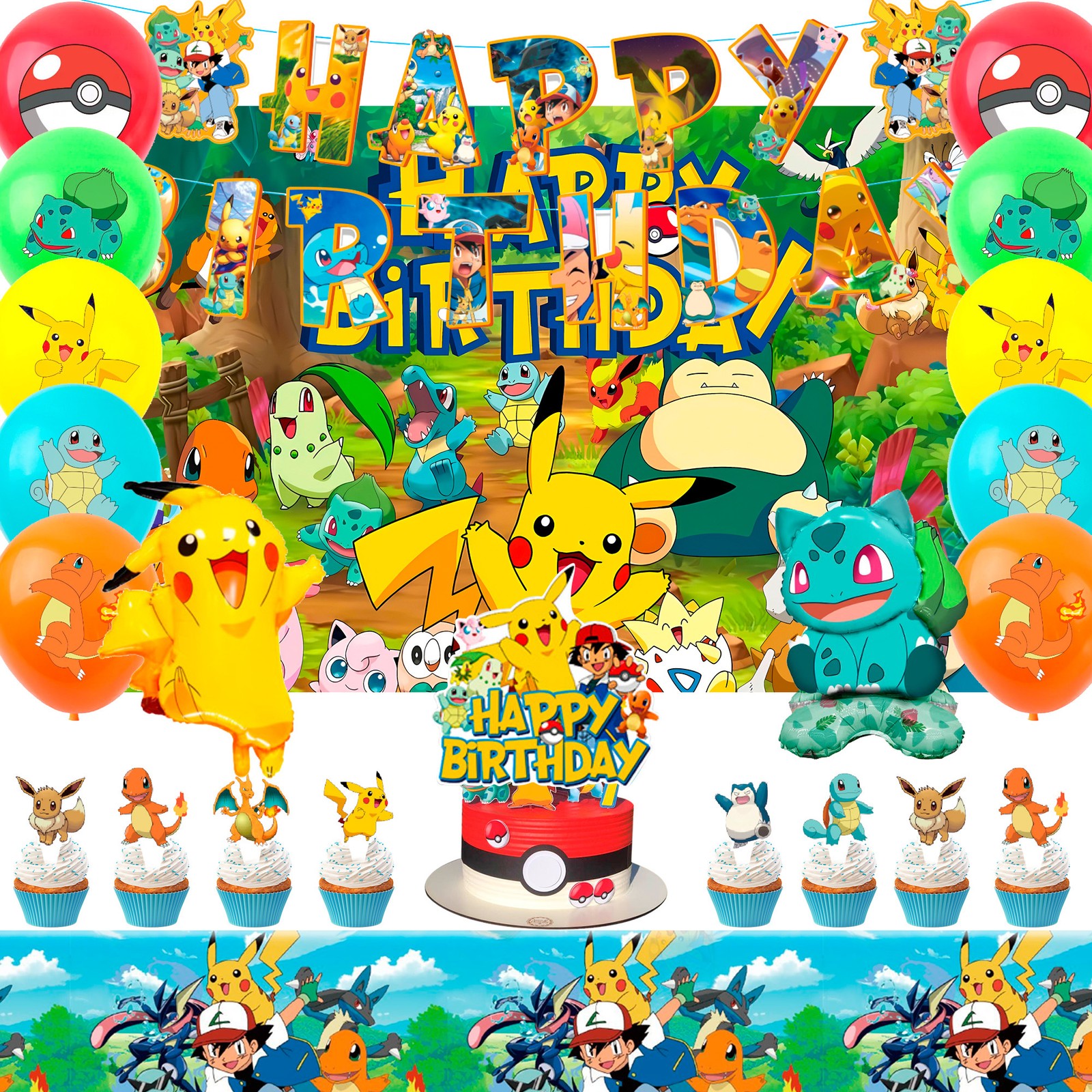 Pokemon Party Decoration Pokemon Birthday Supplies Balloons Banner Cake Topper