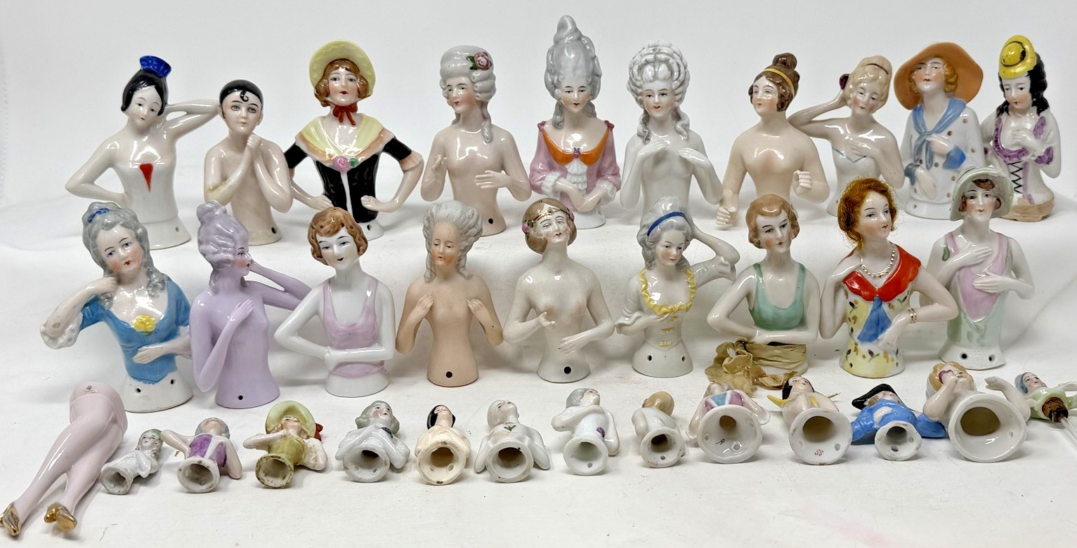 33 Antique Vintage Porcelain Half Dolls Pincushion Dolls Germany Estate Lot