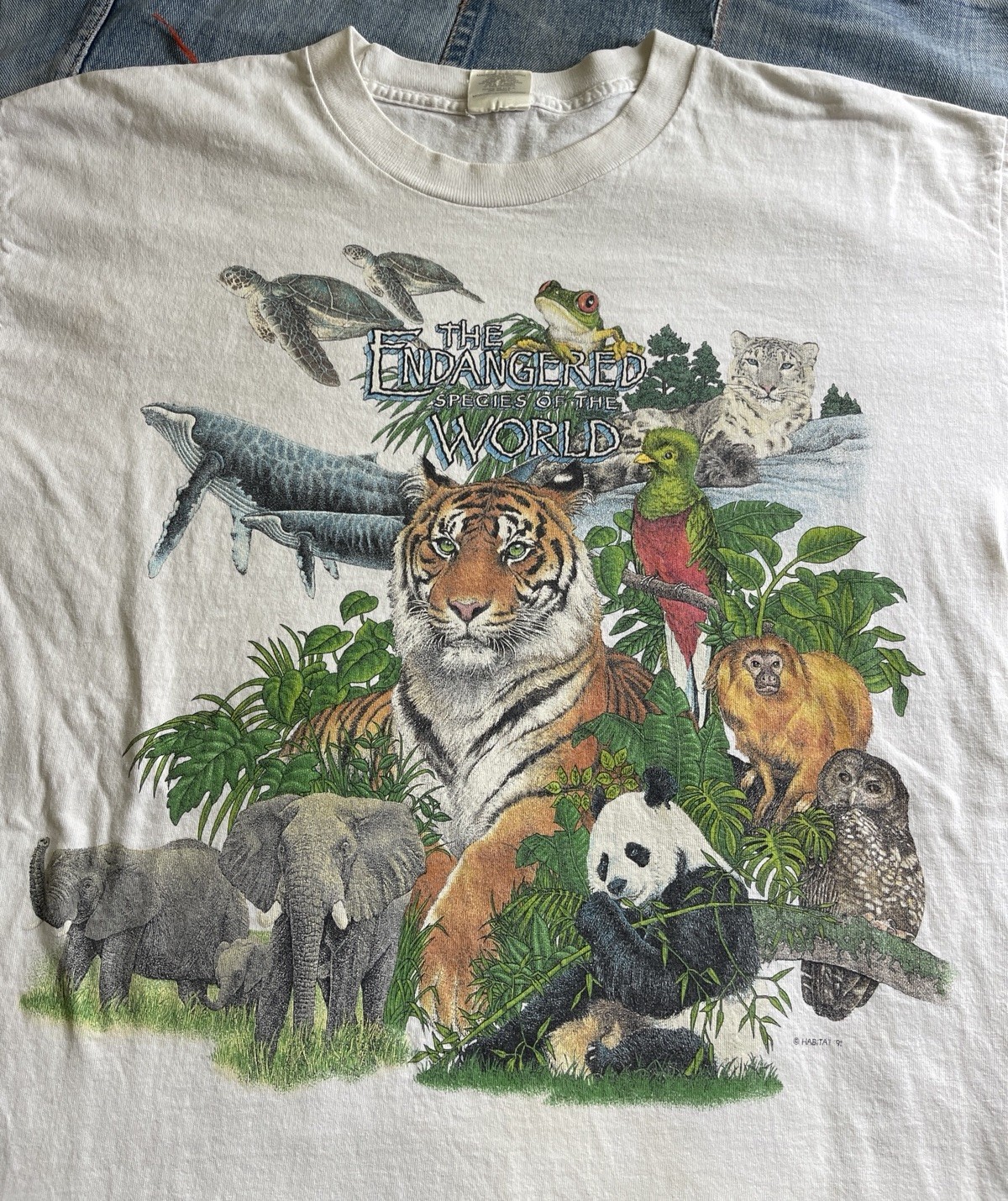 Vintage 90s Endangered Animals T-Shirt Habitat Nature White Single Stitch Large Vintage 90s Endangered Animals T-Shirt Habitat Nature White Single Stitch Large