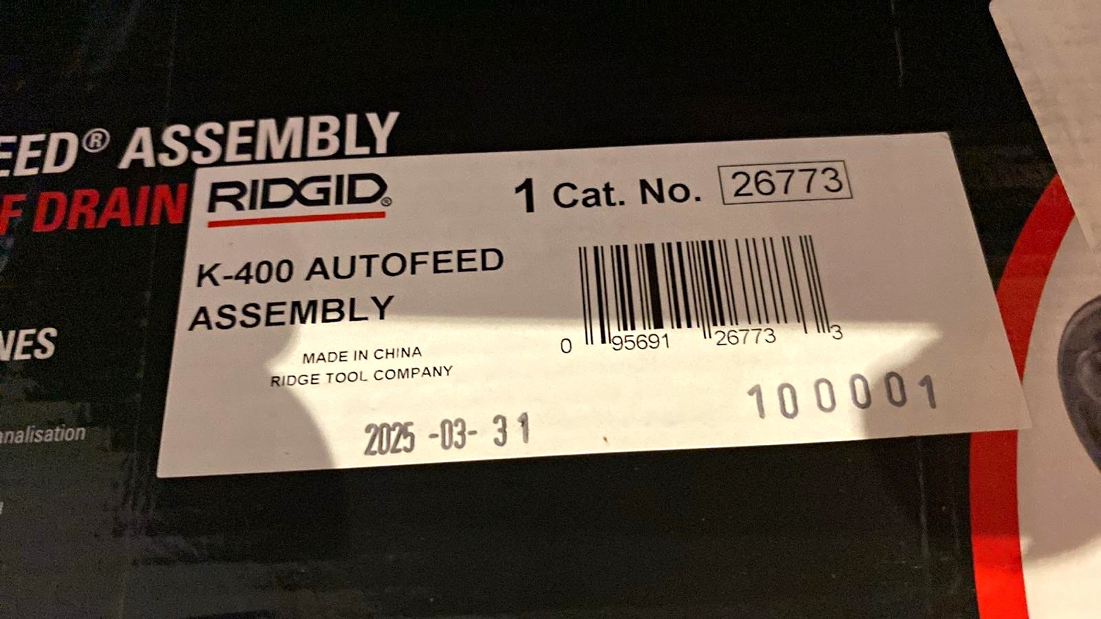 RIDGID K-400 Drain Cleaner AutoFeed Autofeed Assembly MPN 26773 Cat. No. 26773 RIDGID K-400 Drain Cleaner AutoFeed Autofeed Assembly MPN 26773 Cat. No. 26773
