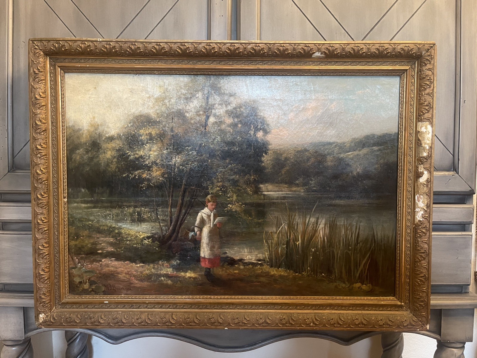 Antique 19thC Oil On Canvas Landscape Painting - Young Girl By Lake - WJ Boyes Antique 19thC Oil On Canvas Landscape Painting - Young Girl By Lake - WJ Boyes