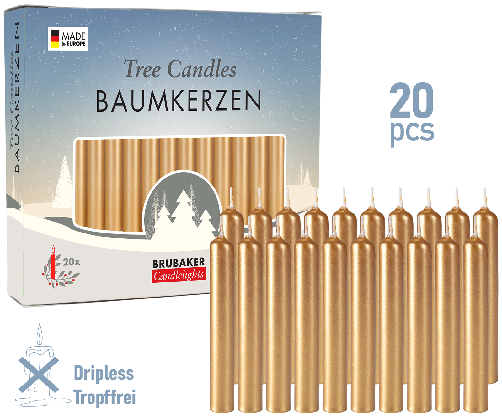 BRUBAKER Tree Candles - Pack of 20 - 9.5 cm - Golden BRUBAKER Tree Candles - Pack of 20 - 9.5 cm - Golden