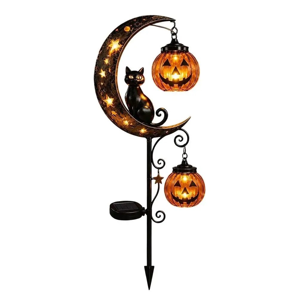 Solar Black Cat & Pumpkin Moon Garden Stake Light Outdoor Halloween Garden Decor