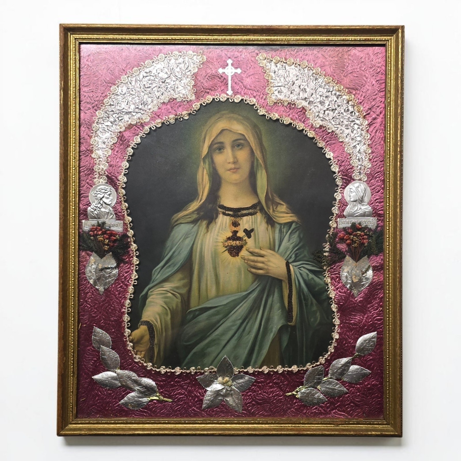 Antique Immaculate Sacred Heart Mary Print Embellished Flowers Foil 17.5 X 21.5 Antique Immaculate Sacred Heart Mary Print Embellished Flowers Foil 17.5 X 21.5