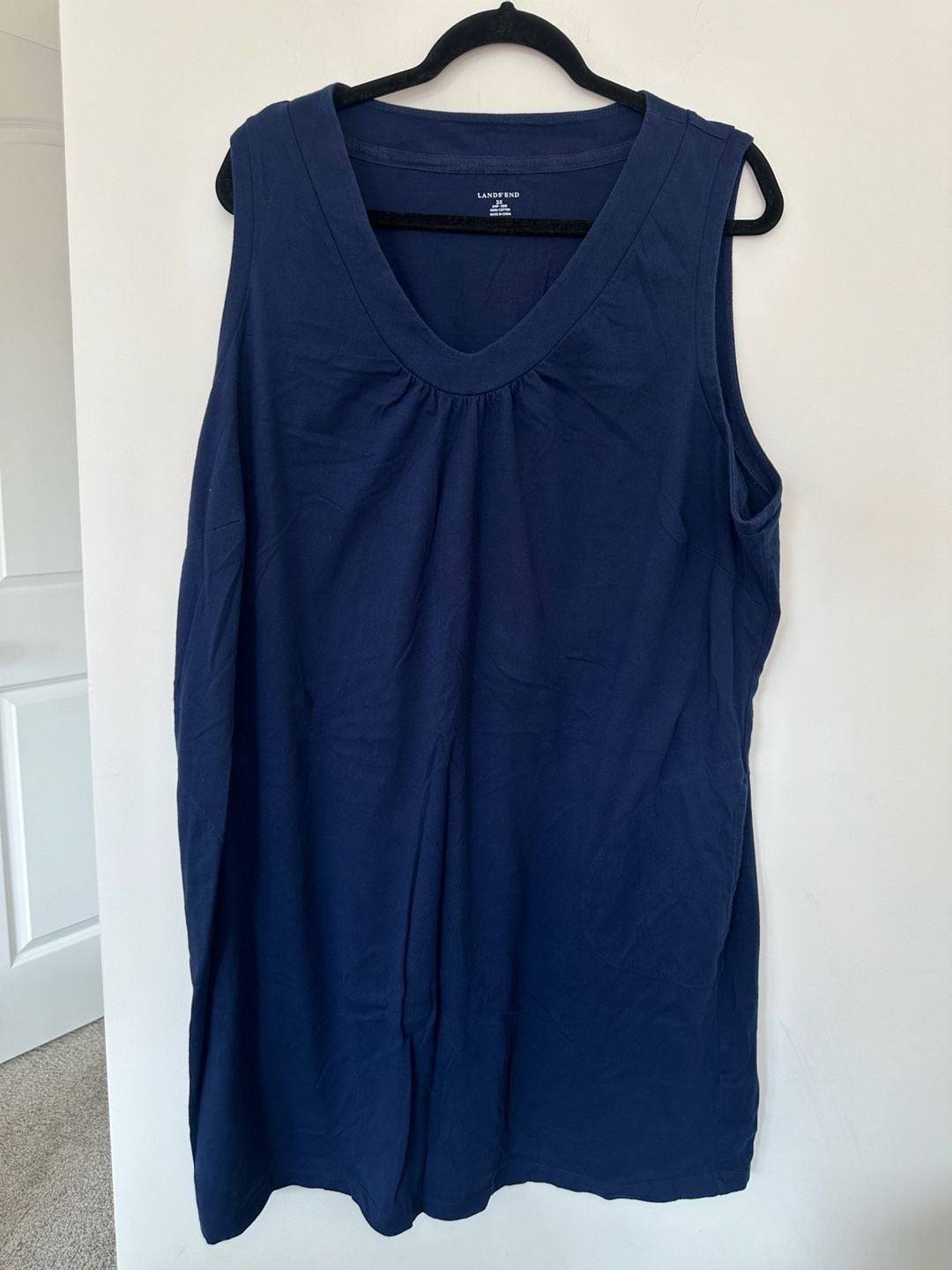 Lands\' End 100% Cotton Navy Blue Sleeveless V-Neck Pleated Tunic Dress Size 3X Lands\' End 100% Cotton Navy Blue Sleeveless V-Neck Pleated Tunic Dress Size 3X