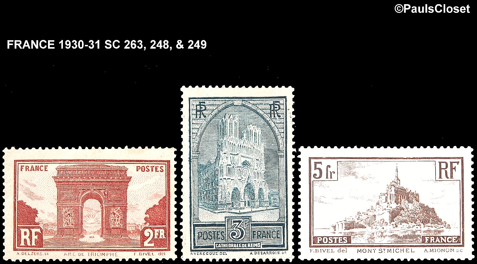 FRANCE 1930-31 SC 263, 248, & 249 ARC DE TRIUMPH, REIMS CATH, &M St MIC MHR FINE
