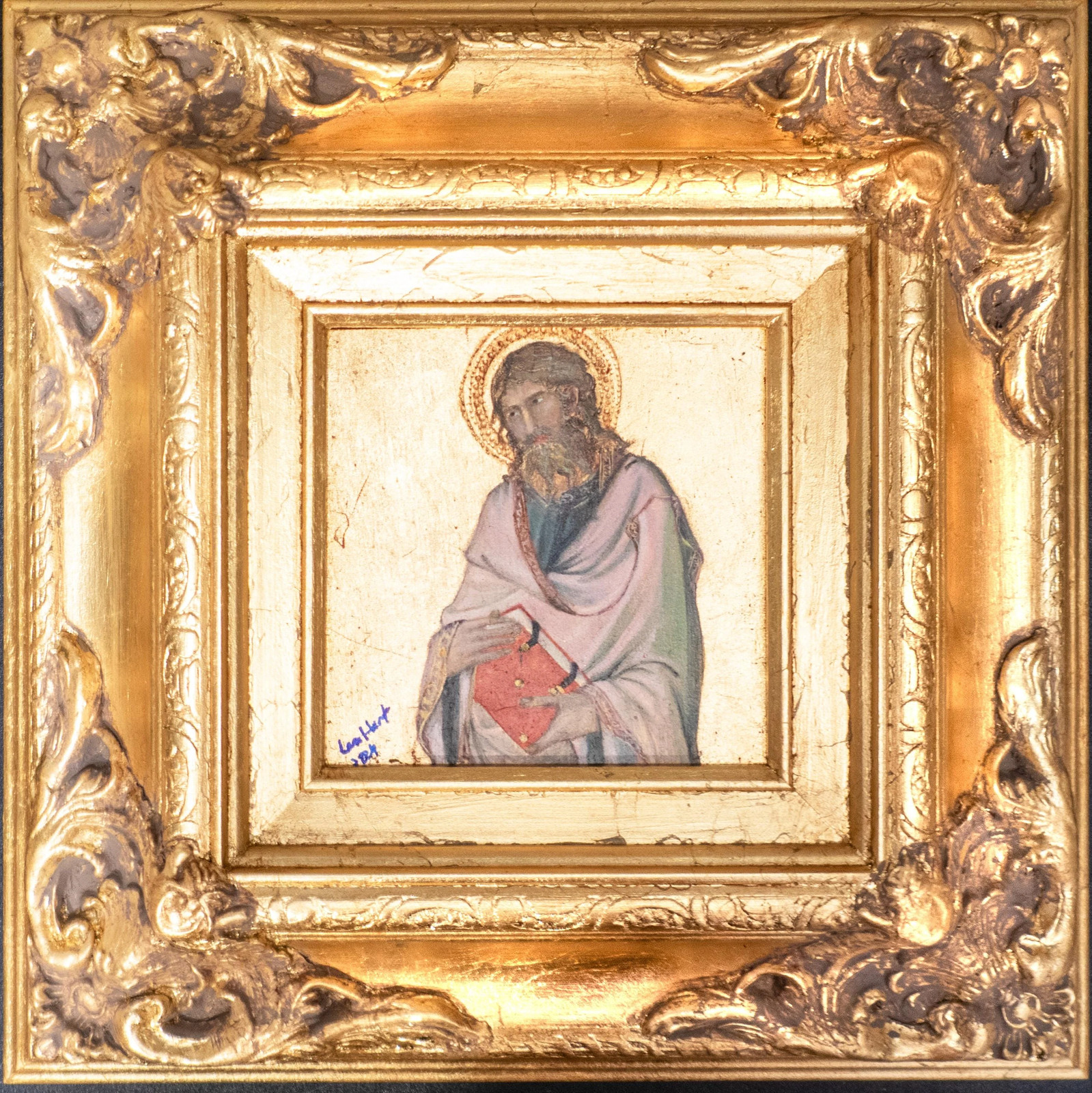Hand Painted Saint Andrew Oil Painting on Wood Panel Gilded Ornate Frame 12x12
