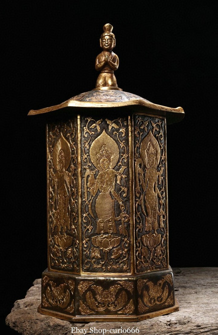 12.2\'\' Old Dynasty Pure Bronze Gold People Person Figure Stupa Pagoda Statue