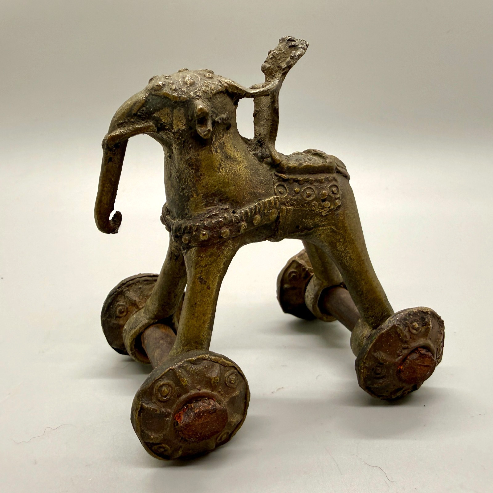 Antique Vintage Indian Dhokra Elephant and Rider on Wheels Bronze Temple Toy