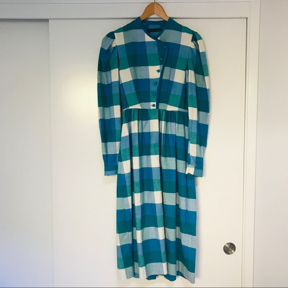 Vintage Kathryn Conover Original Blue Striped Puff Sleeve Midi Dress Womens S