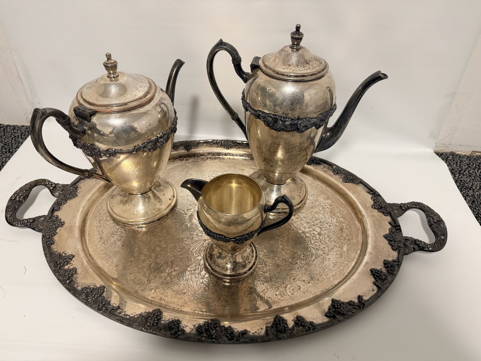 Vintage Academy Silver on Copper Coffee and Tea Service Set and tray Vintage Academy Silver on Copper Coffee and Tea Service Set and tray