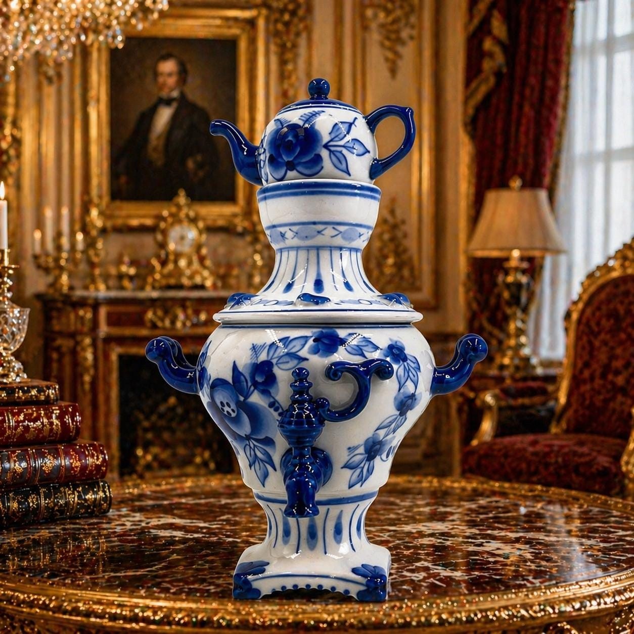 Porcelain Samovar Vintage Russian Gzhel Style Blue White Tea Set Decor Porcelain Samovar Vintage Russian Gzhel Style Blue White Tea Set Decor