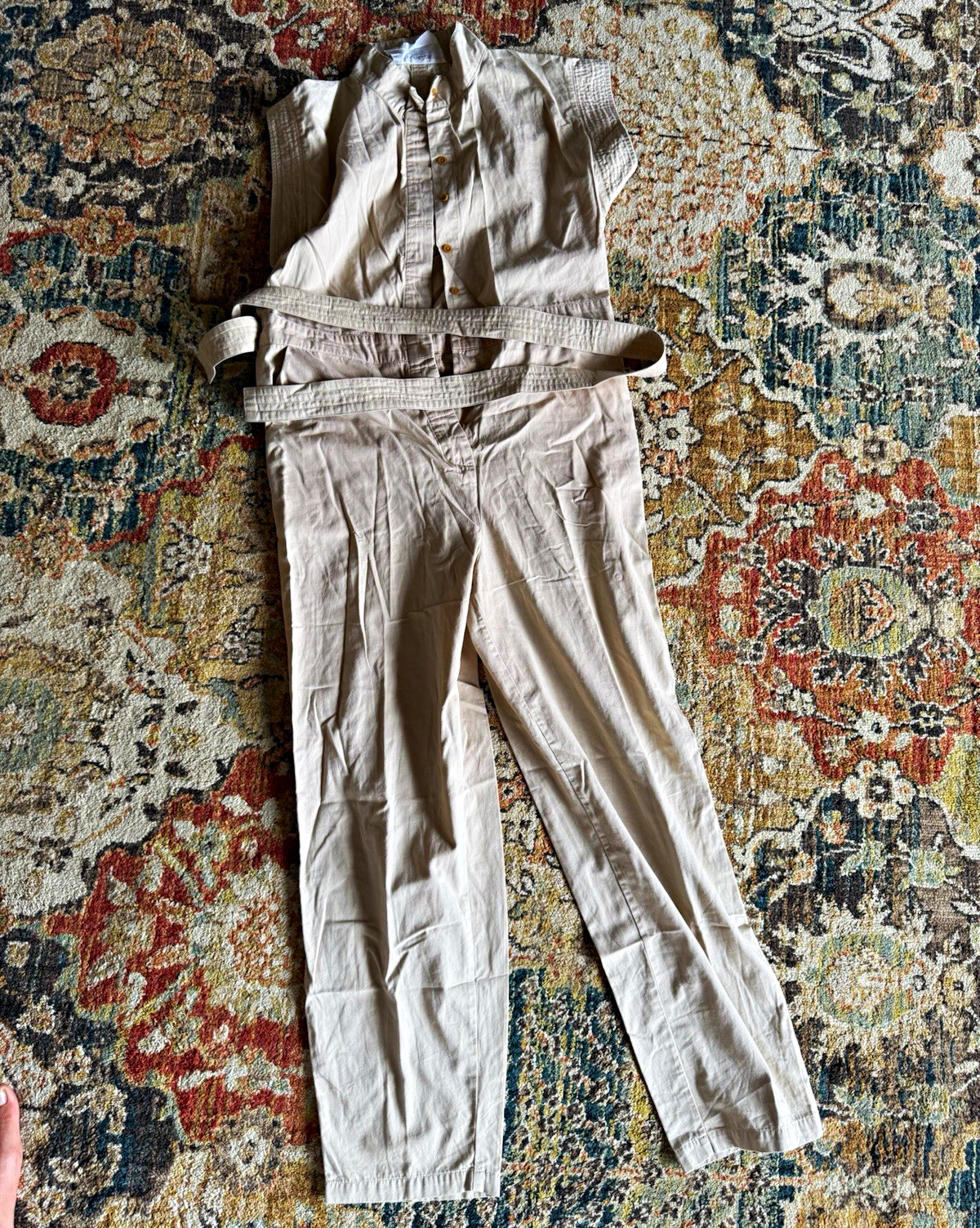ACACIA Women’s Beige Cotton Twill Belted Button Front Collared Jumpsuit M