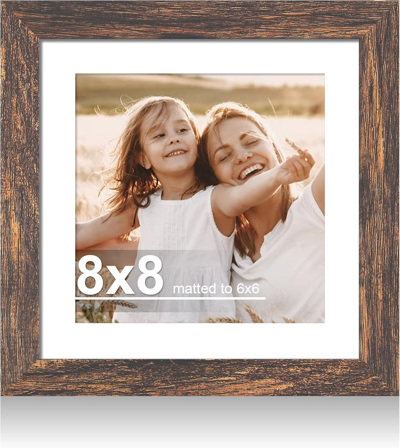 8x8 Picture Frame with Glass, Display Pictures 6x6 with Mat 8X8 in Rustic Brown