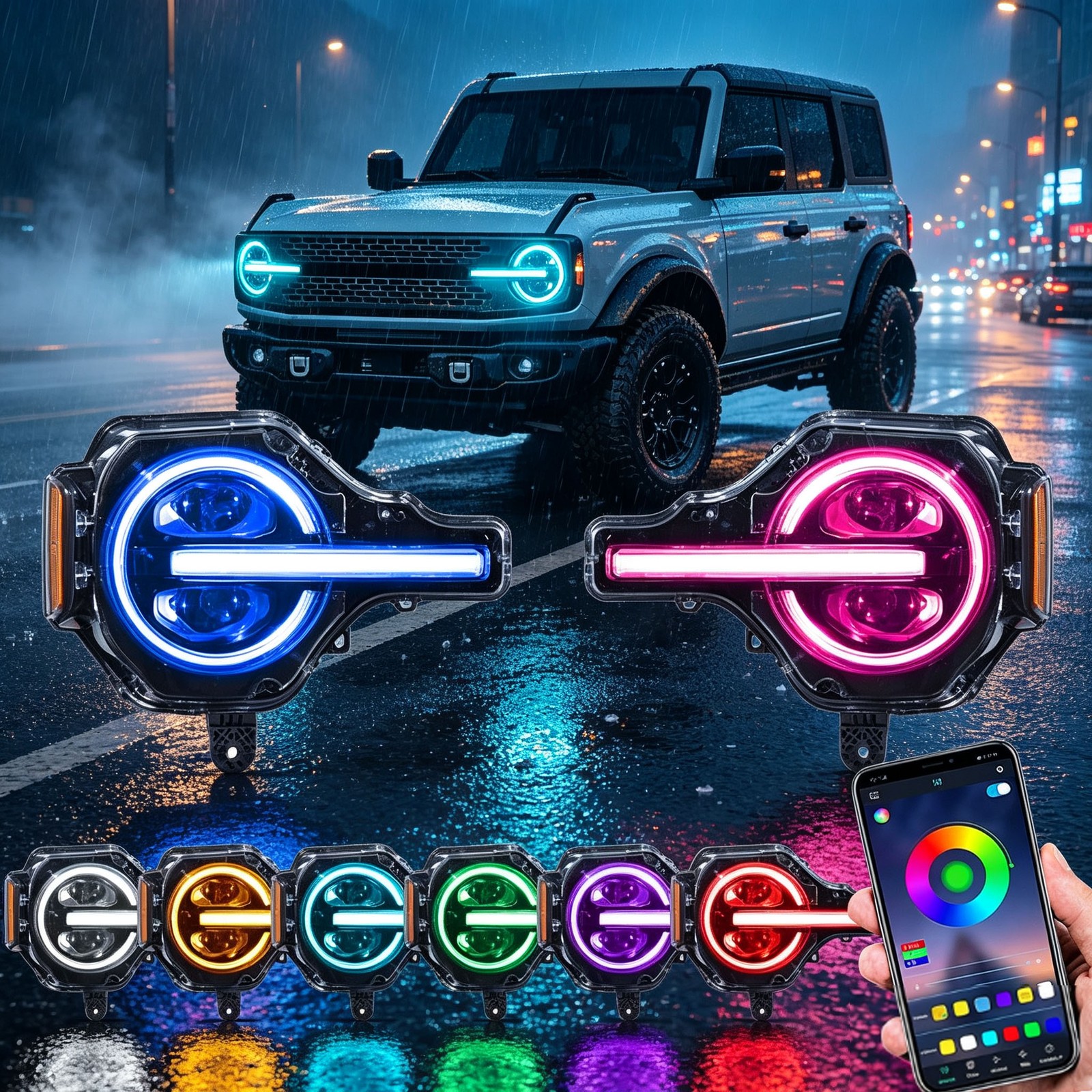 2xHeadlights w/RGB For 2021-2026 Ford Bronco Full LED Projector w/Rainbow Colors