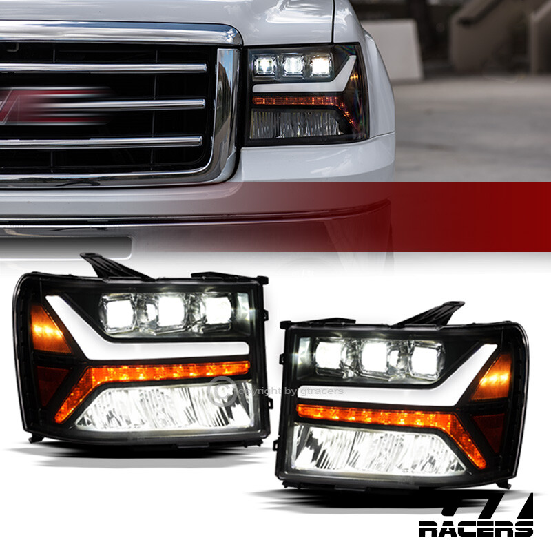 For 2007-2014 GMC Sierra Blk Full LED Sequential Tube Tri Projector Headlights