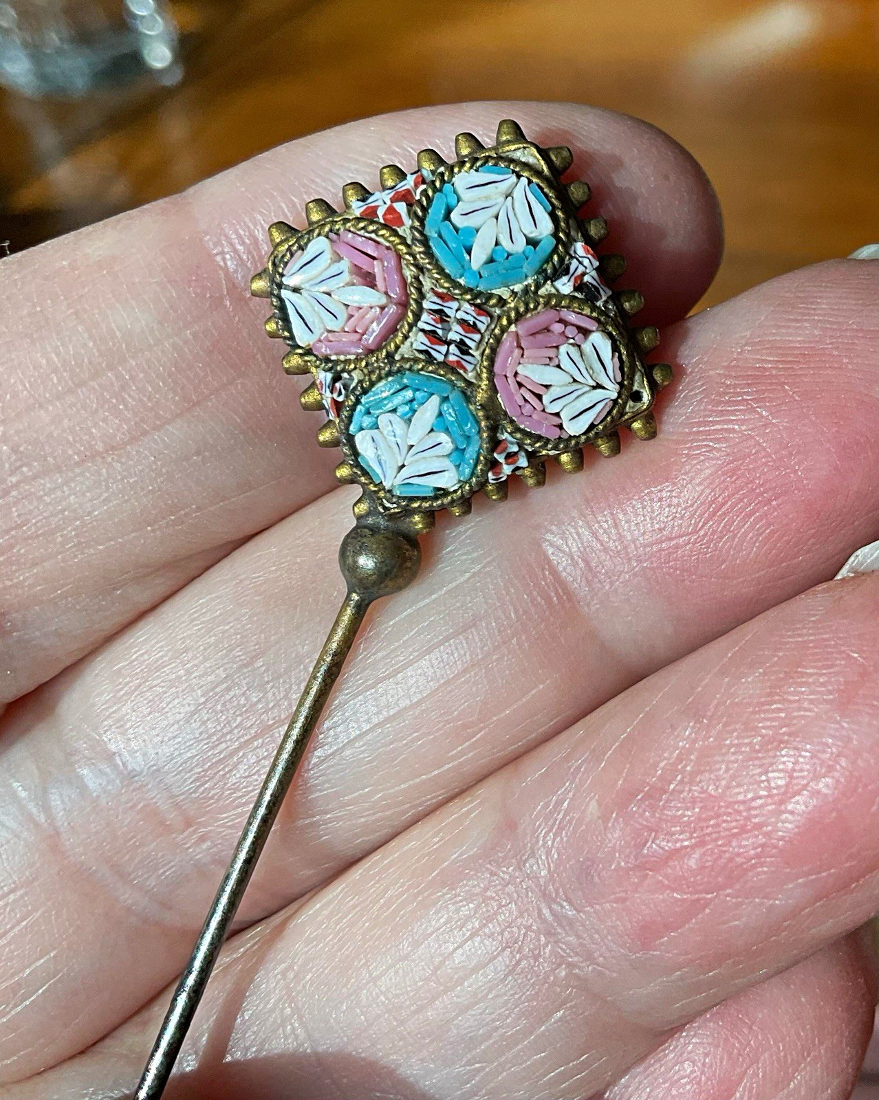 Antique Micro Mosaic Triangle Hat Pin Antique Micro Mosaic Triangle Hat Pin