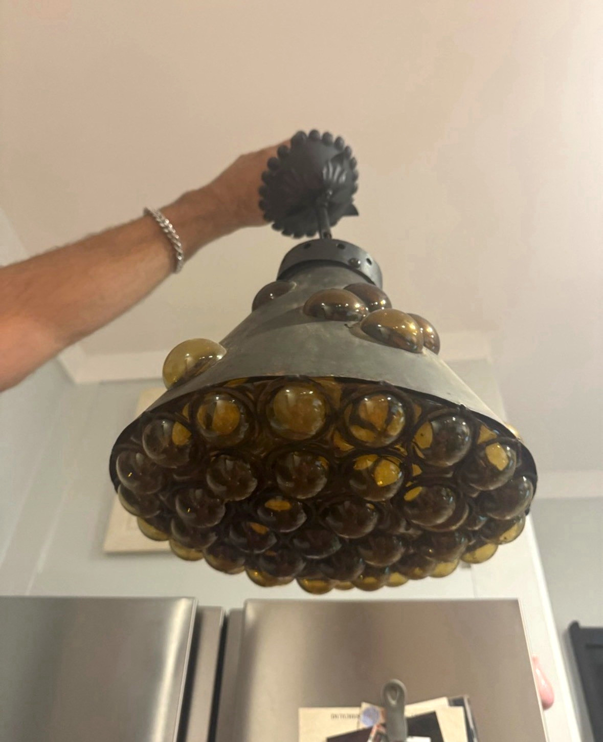 Rare Vintage Mision Carmel Regis Trada Hecto En Mexico Metallic Dome Pendant Rare Vintage Mision Carmel Regis Trada Hecto En Mexico Metallic Dome Pendant