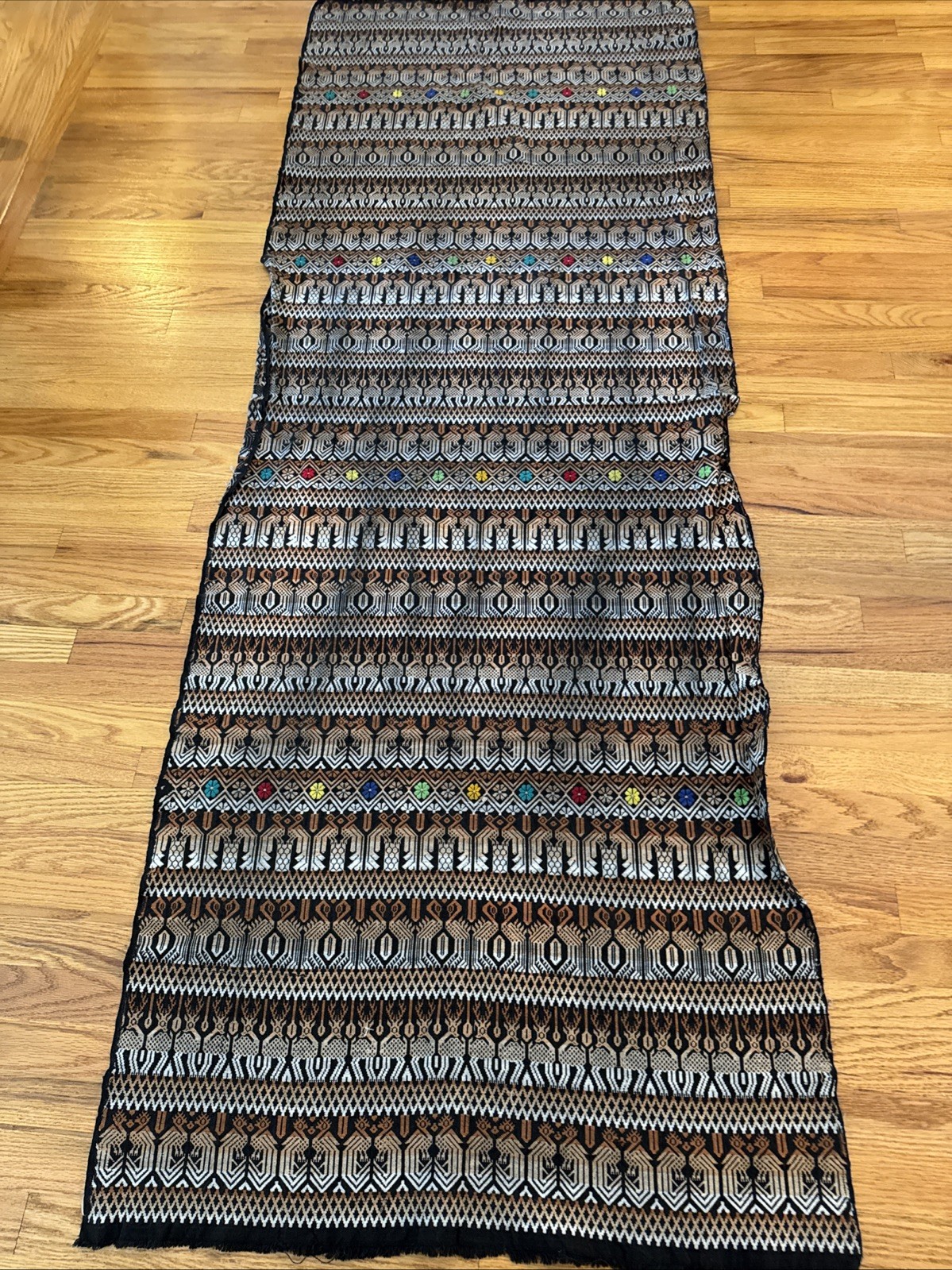 Guatemalan Heavyweight Fabric Handwoven33” X 96” Black Brown Tan Multicolor Embr Guatemalan Heavyweight Fabric Handwoven33” X 96” Black Brown Tan Multicolor Embr