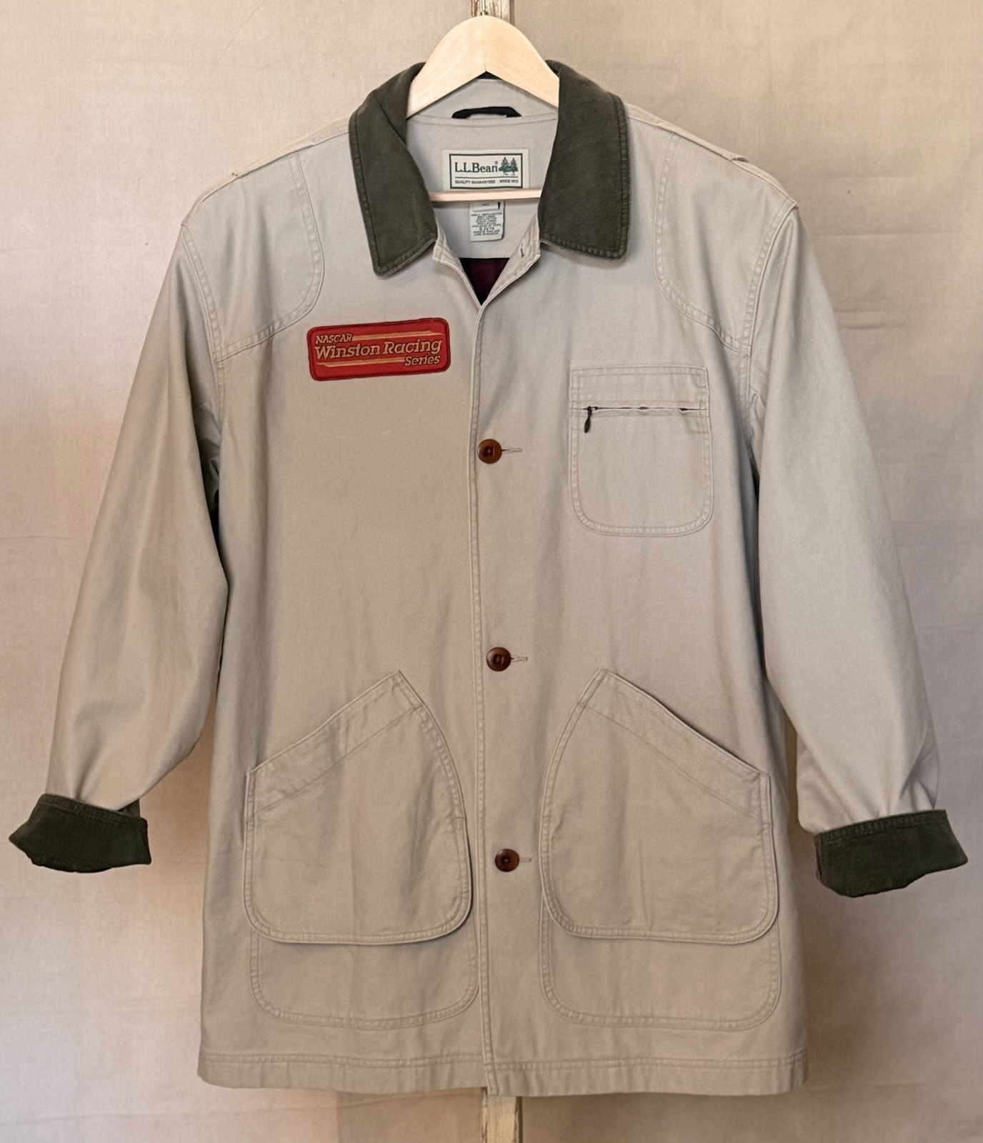 Vtg LL Bean Field Coat Mens XLT Tan Canvas Barn Chore NASCAR Winston Patch Y2K