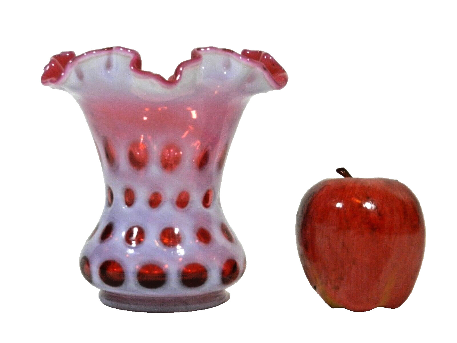 Vintage Fenton Cranberry Opalescent Coin Dot Glass Ruffled Rim Vase