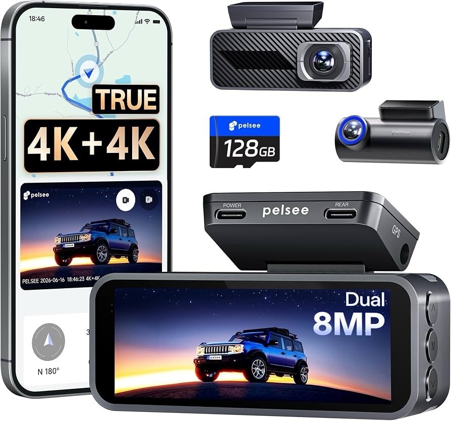 Pelsee S1 Pro Native 4K + 4K Dash Cam Front and Rear, 128GB Card Included