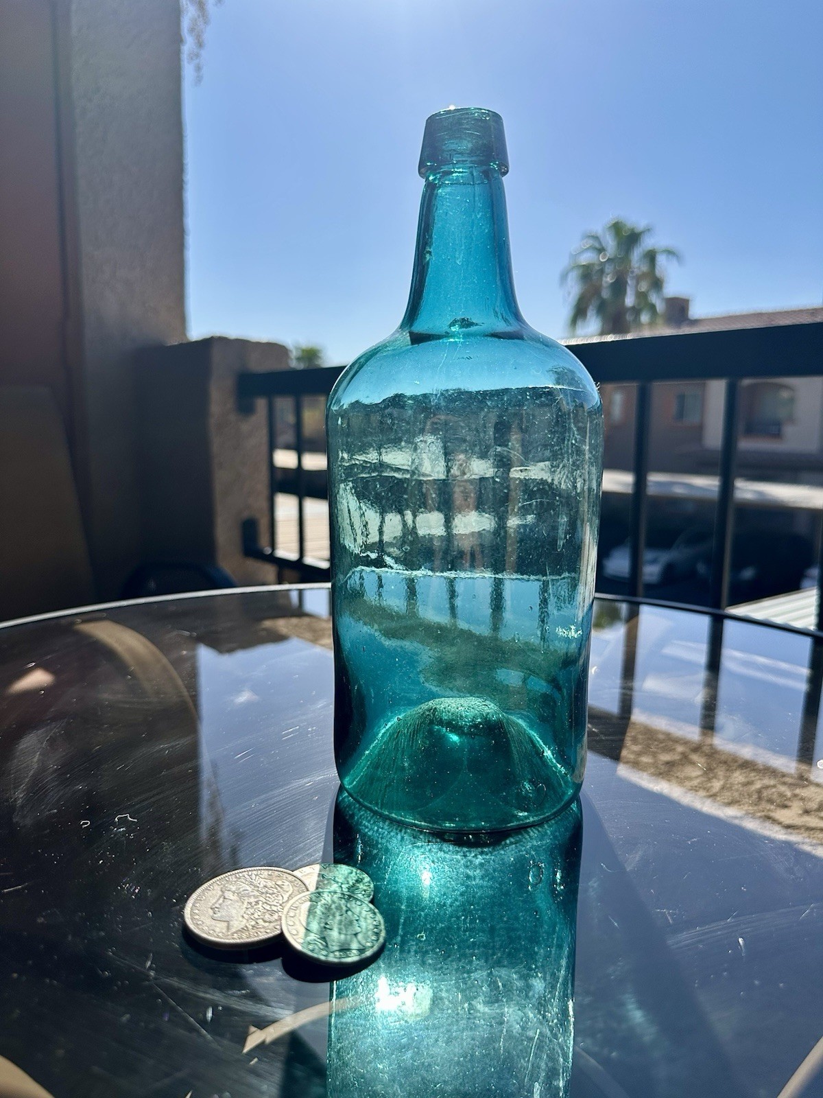 Antique 1850's Demijohn Utility Bottle UBER RARE Teal Aqua Blue Open Pontil Blob