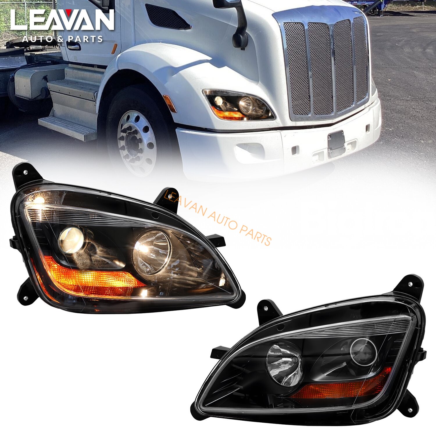 For 2011-2021 Peterbilt 579 587 Halogen Type Projector Headlight Black Pair/Set For 2011-2021 Peterbilt 579 587 Halogen Type Projector Headlight Black Pair/Set
