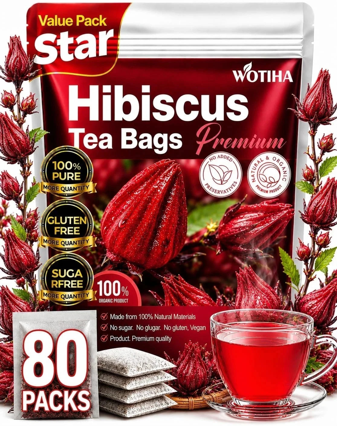 Premium 80 Hibiscus Flowers Tea Bags, 100% Natural, Handmade & Pure from Hibi Premium 80 Hibiscus Flowers Tea Bags, 100% Natural, Handmade & Pure from Hibi