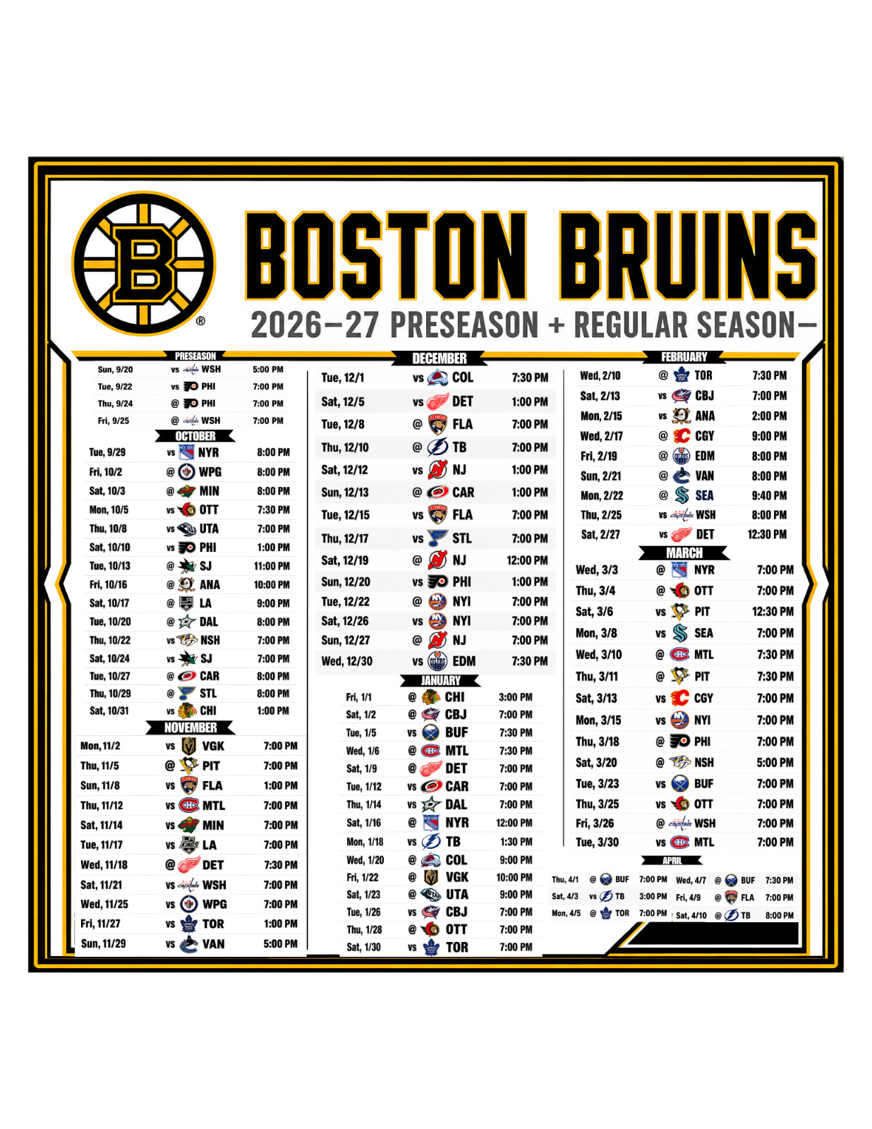 Boston Bruins Hockey Schedule 2026-27 Season LARGE Magnet (8x8 inches) Boston Bruins Hockey Schedule 2026-27 Season LARGE Magnet (8x8 inches)