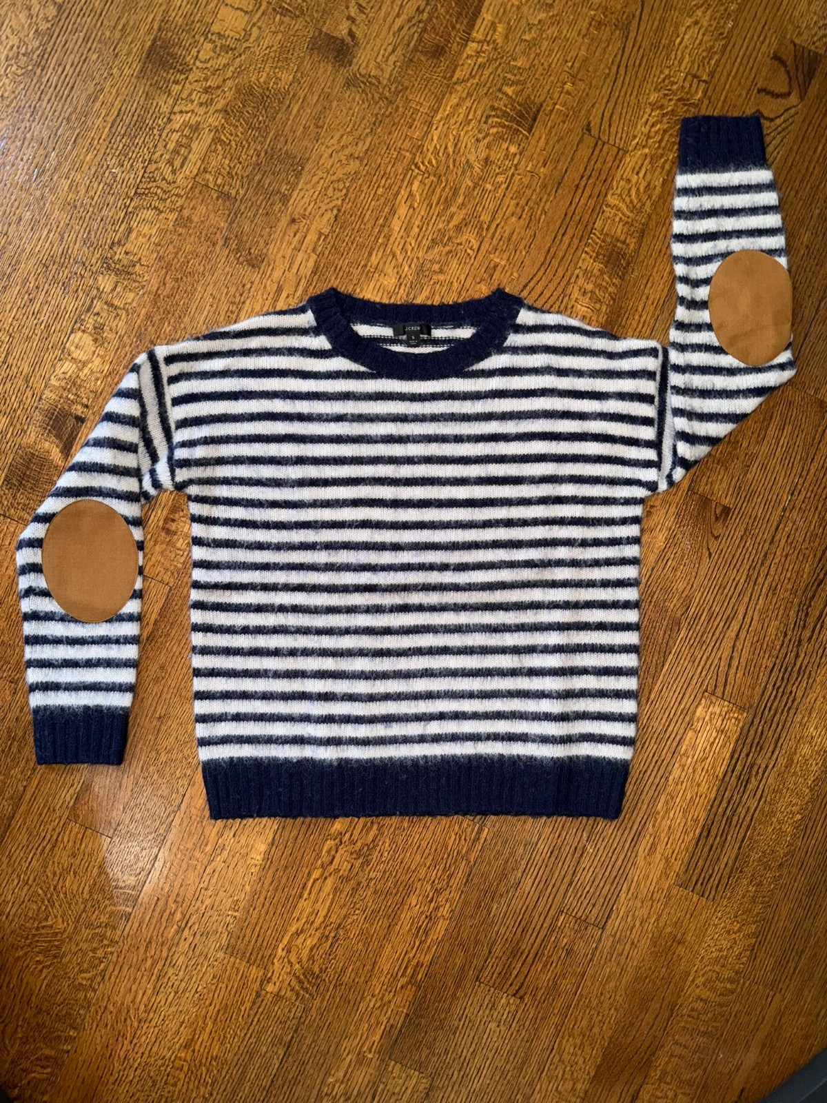 J.Crew Striped Sweater with Tan Elbow Patches - Navy & White SMALL J.Crew Striped Sweater with Tan Elbow Patches - Navy & White SMALL