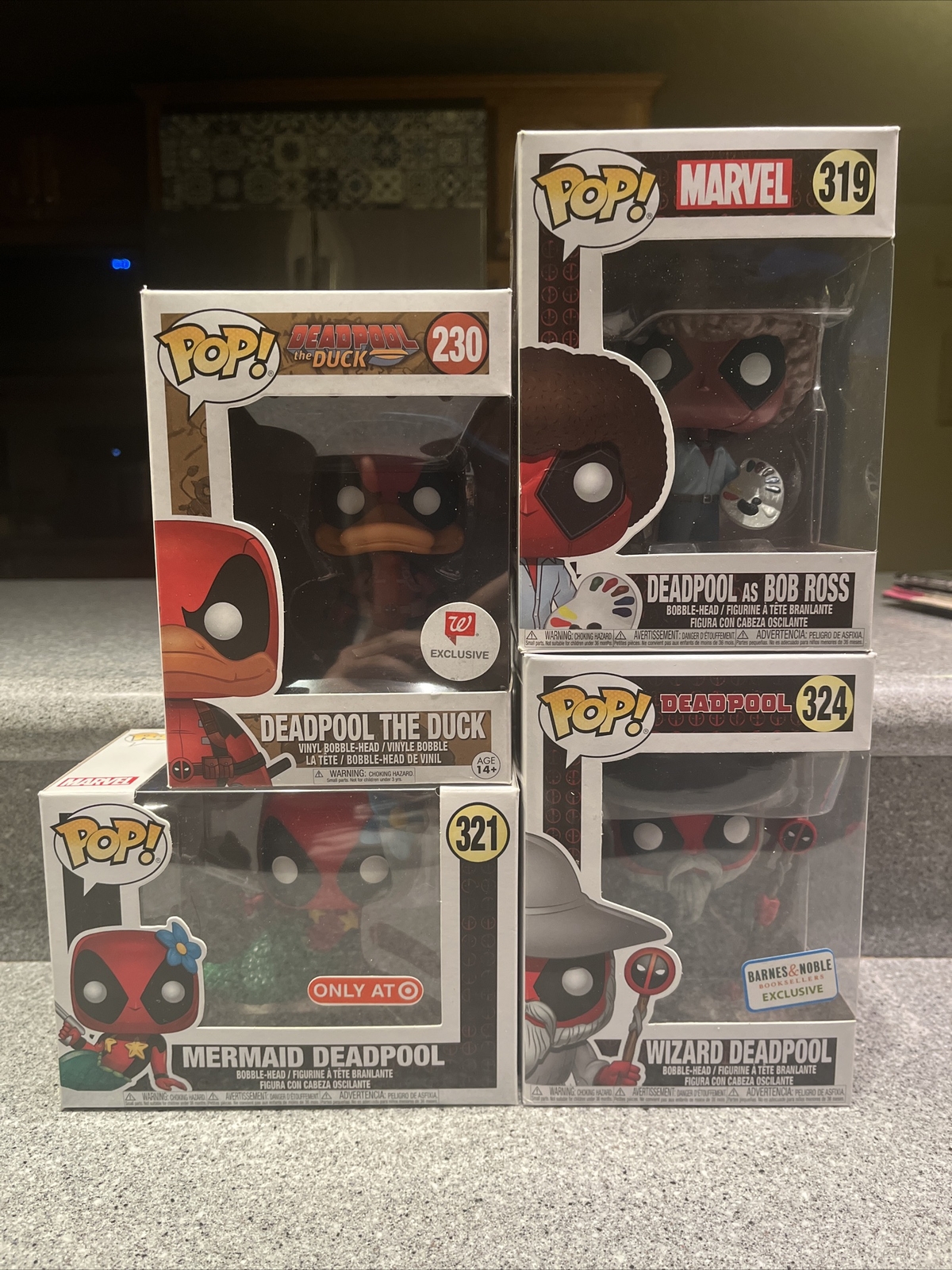 lot of 4 - marvel deadpool funko pops - #230, #319, #321 & #324 lot of 4 - marvel deadpool funko pops - #230, #319, #321 & #324