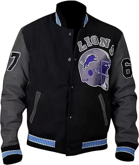 Detroit Lions Football Varsity Jacket Black Wool & Leather Bomber Style