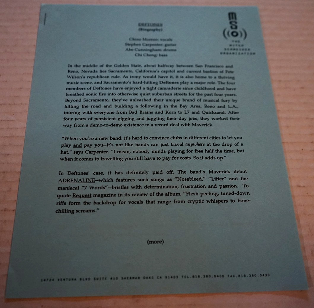 Deftones Rare 1995 Two Page Band Biography Vg++ Deftones Rare 1995 Two Page Band Biography Vg++