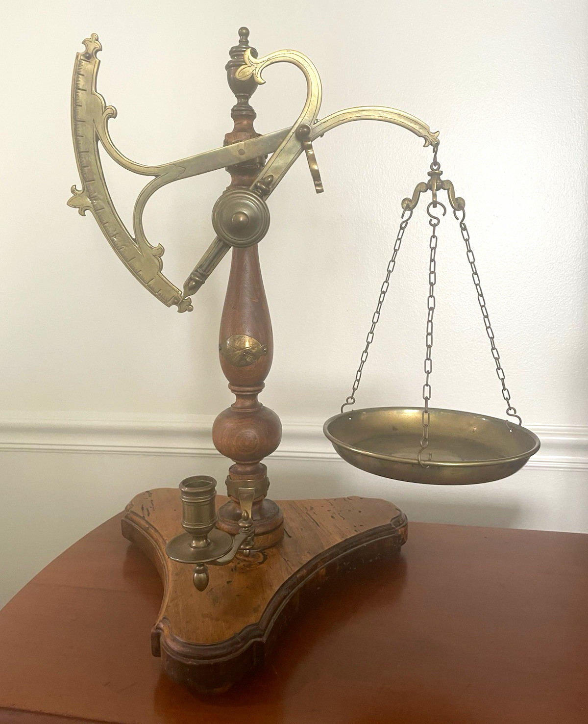 Antique Vintage Wood & Brass Hanging Balance Scale w/ Brass Pan Chain Tray