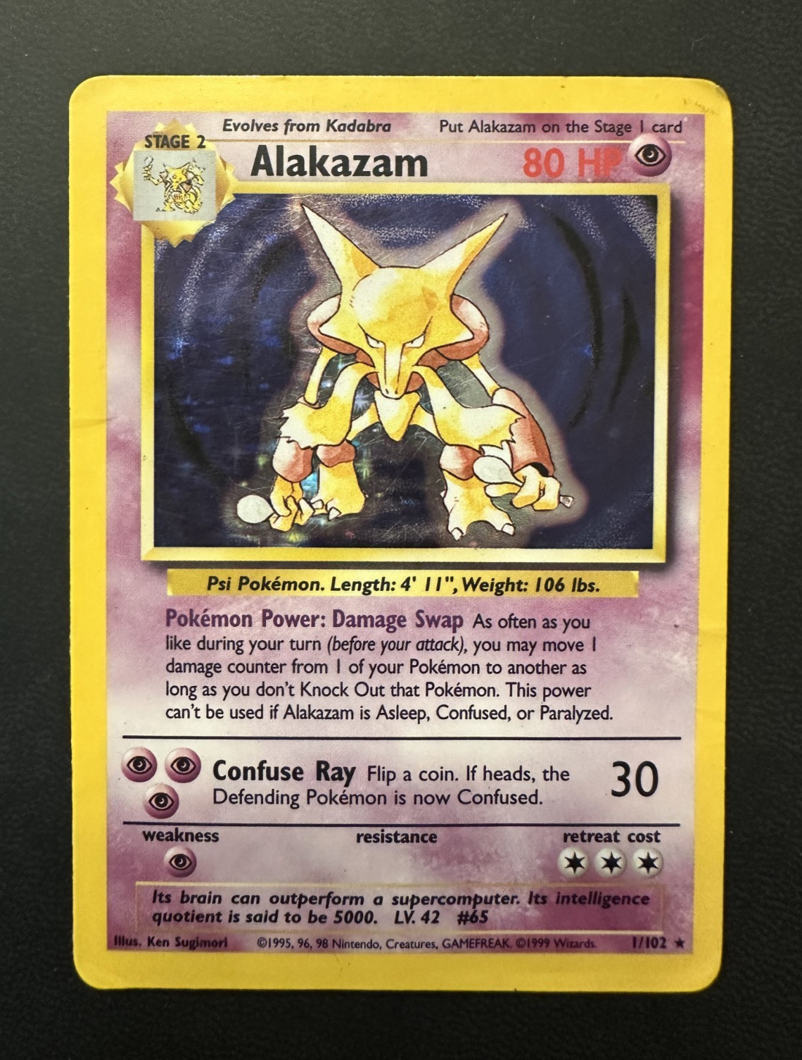 Alakazam 1/102 Base Set HOLO Rare Unlimited WoTC Pokémon 1990 Alakazam 1/102 Base Set HOLO Rare Unlimited WoTC Pokémon 1990