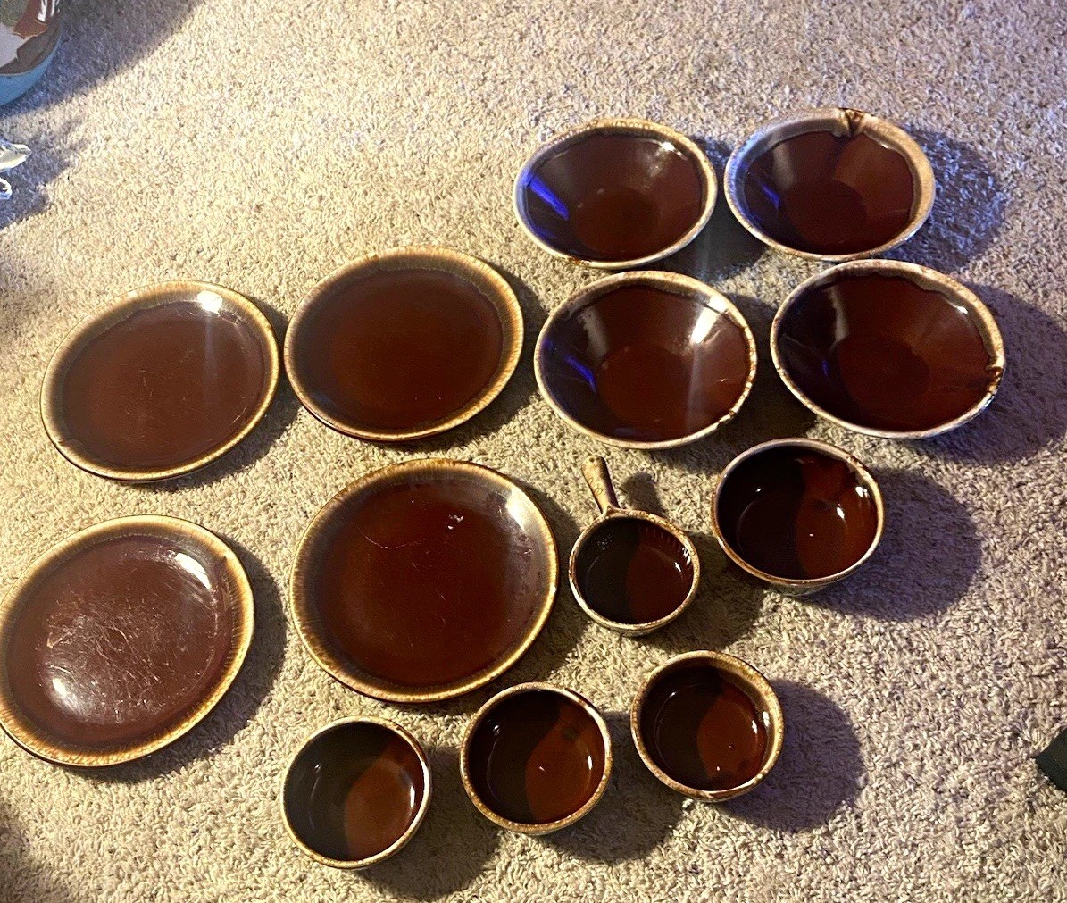 VTG McCoy USA Ceramic Dinnerware Set Brown Dripglaze Backstamp 7026 & 874 read VTG McCoy USA Ceramic Dinnerware Set Brown Dripglaze Backstamp 7026 & 874 read