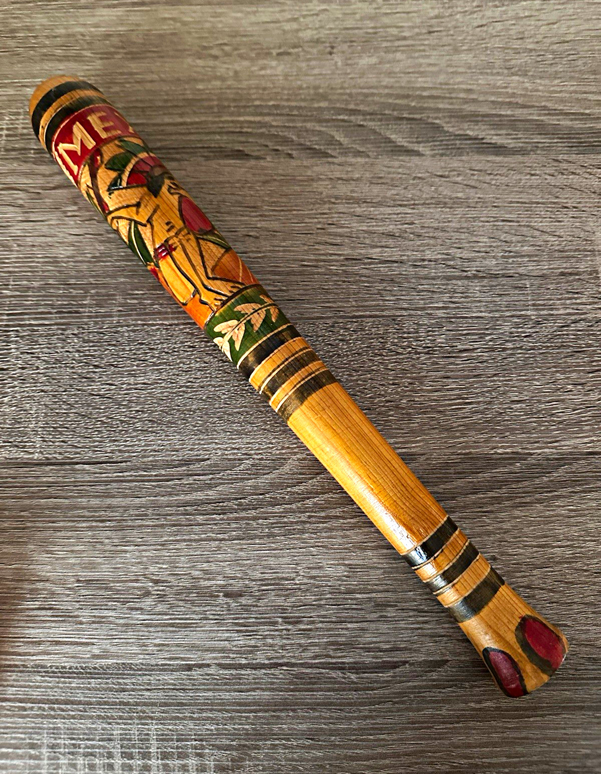 Vintage Mexico Hand Painted Carved Wood Souvenir Club/Bat Decorative 15” Design