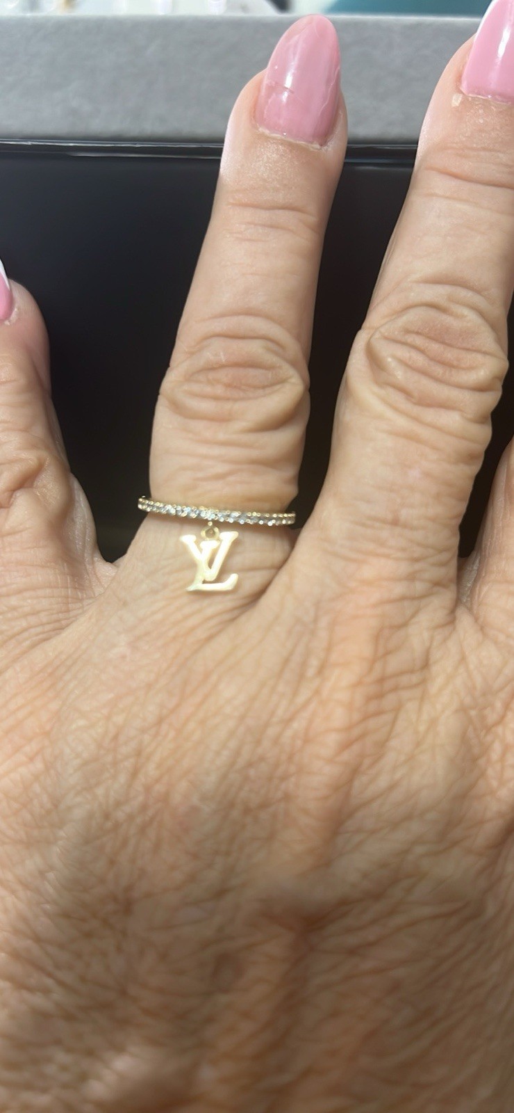 10K Yellow Gold Diamond Band Ring w/ LV Logo Charm Dangle Size 7, 1mm 10K Yellow Gold Diamond Band Ring w/ LV Logo Charm Dangle Size 7, 1mm