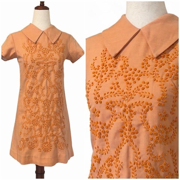 Vintage 60s Peach Embroidered Collar Mod Mini Dress Vintage 60s Peach Embroidered Collar Mod Mini Dress