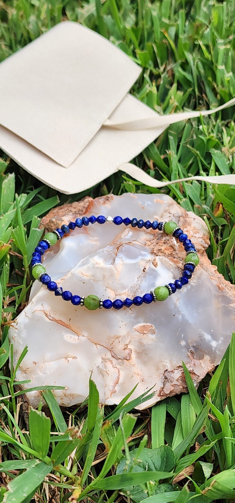 Handmade Genuine Untreated Faceted Lapis Lazuli & Jade Bracelet w/ Silver Spacer