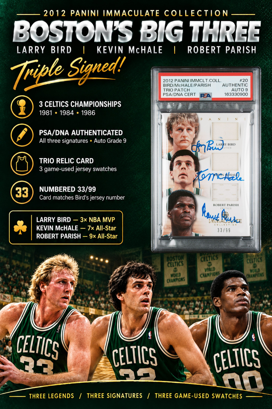 BIRD/MCHALE/PARISH Signed 2012 Panini Immaculate Collection TRIO PATCH PSA POP 2