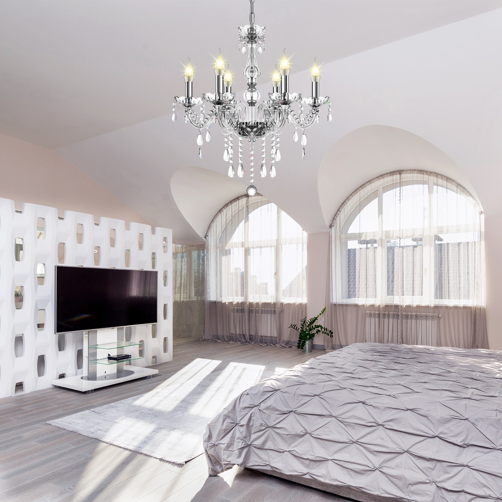 Elegant Crystal Glass Ceiling Pendant Lighting Fixture 6 Lights Chandelier
