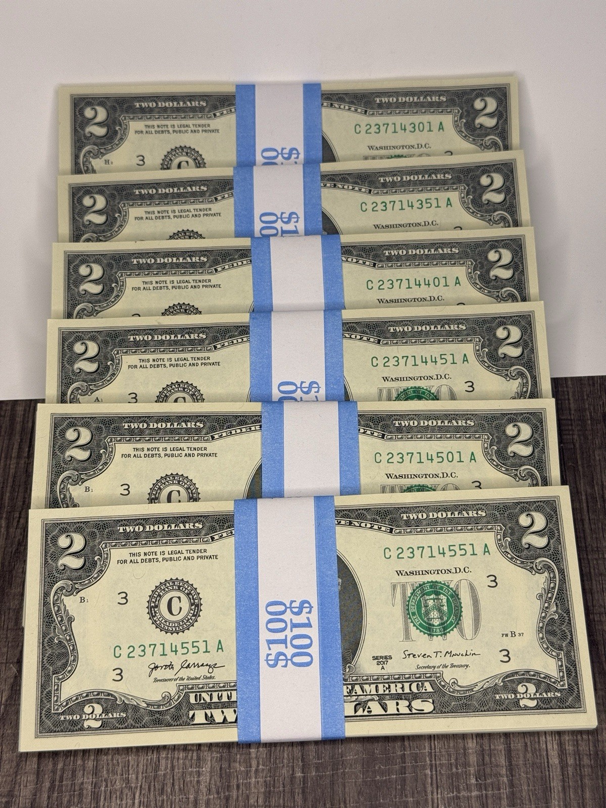 NEW  Uncirculated Two Dollar Bills  Series 2017A  $2 Sequential Notes  Lot of 50